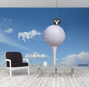 Picture of Golf ball on golf tee blue sky background